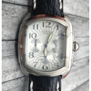 Guess Silver Steel Day Date 24 Hour Watch Black Leather Embroidered Band Square